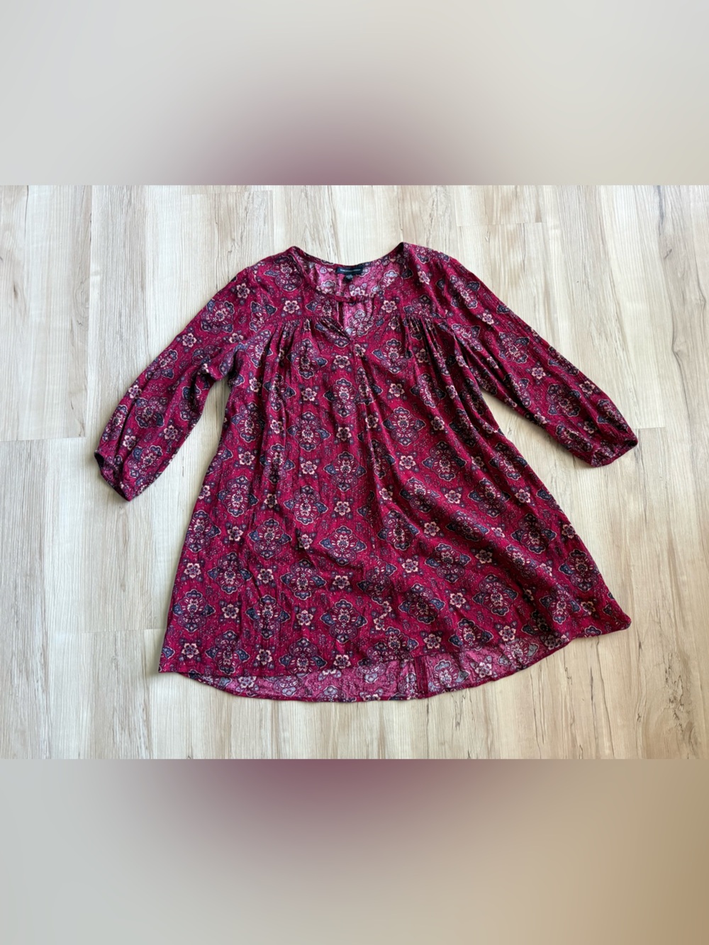 American Eagle Boho Paisley Babydoll Dress Burgundy Long Sleeve L